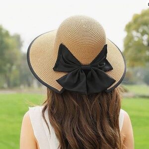 MAGID Raffia Wide Brim Blush Hat w/ Black Ribbon Bow - Packable UPF 50+